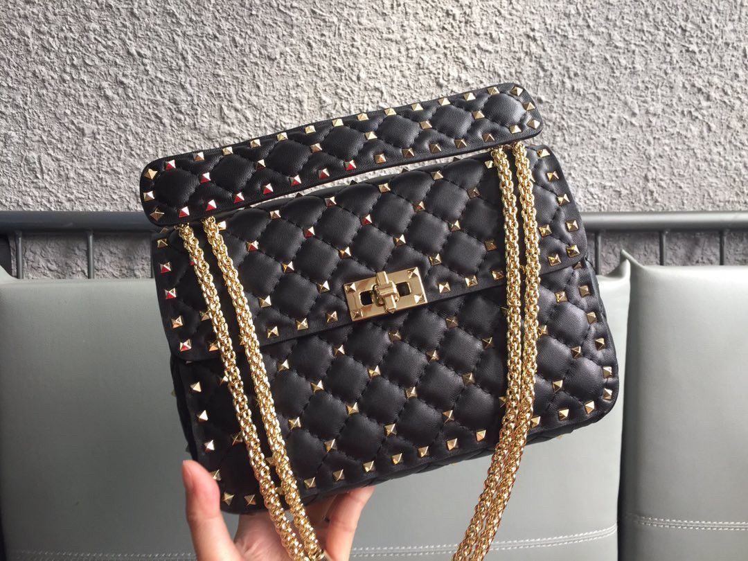 Valentino Rockstud Spike Medium Bag In Black Nappa Lambskin