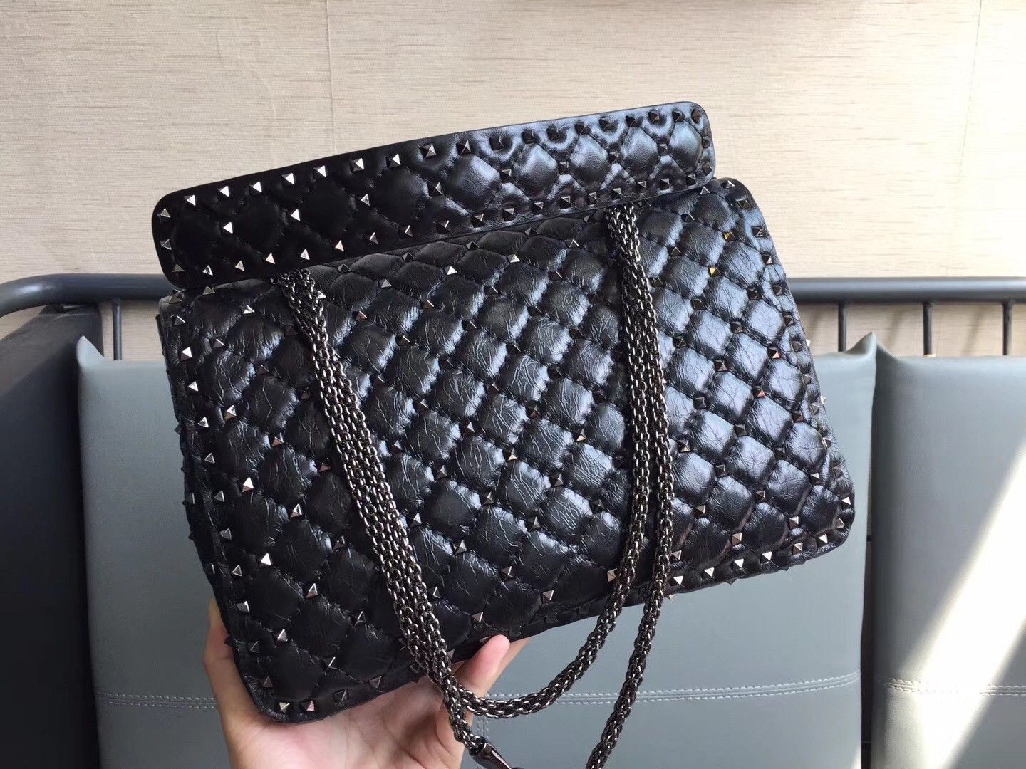 Valentino Rockstud Spike Large Bag In Black Nappa Lambskin