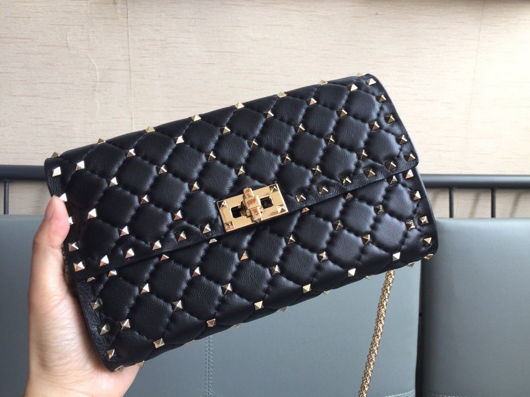 Valentino Rockstud Spike Crossbody Clutch Bag In Black Lambskin