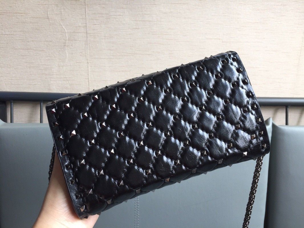 Valentino Rockstud Spike Crossbody Clutch Bag In Black Lambskin