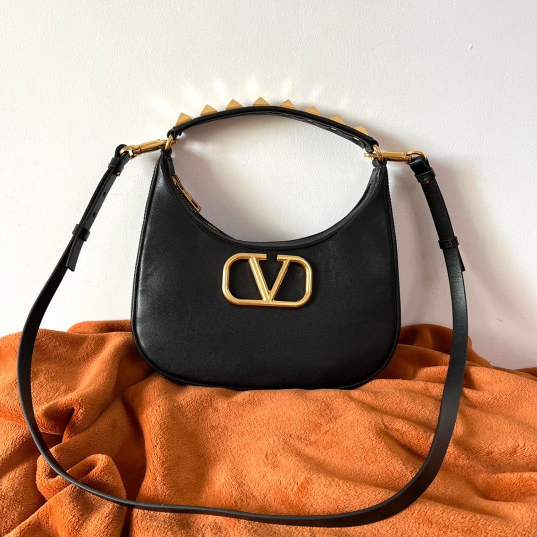 Valentino Stud Sign Hobo Bag In Black Calfskin