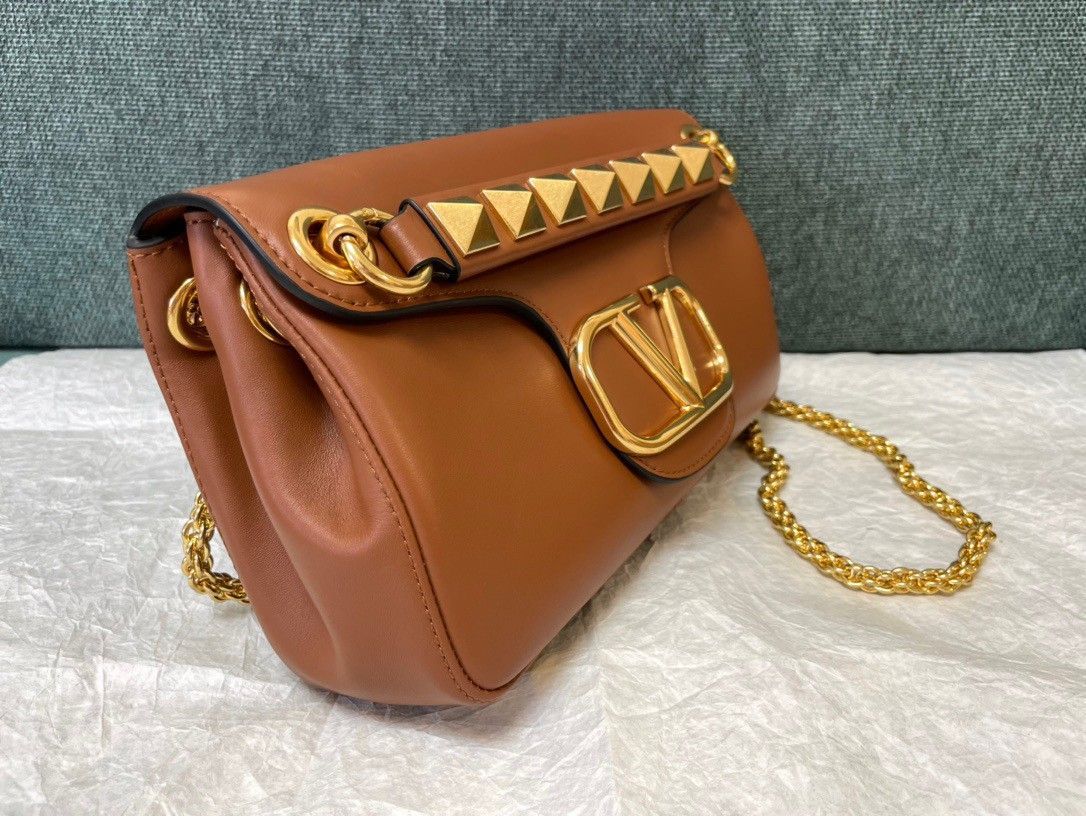 Valentino Stud Sign Shoulder Bag In Brown Nappa Leather