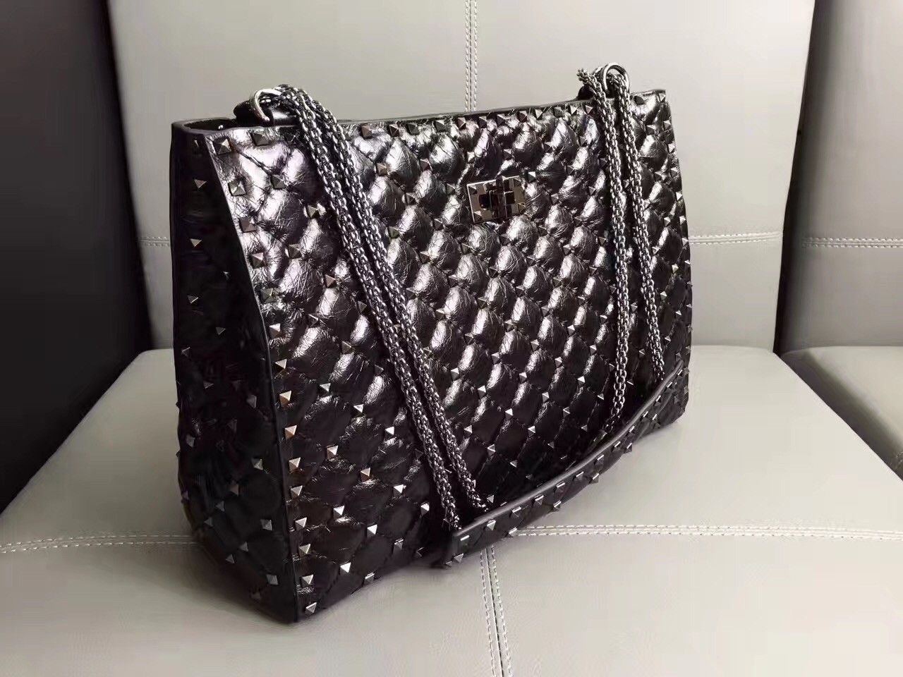 Valentino All Black Rockstud Spike Tote Bag