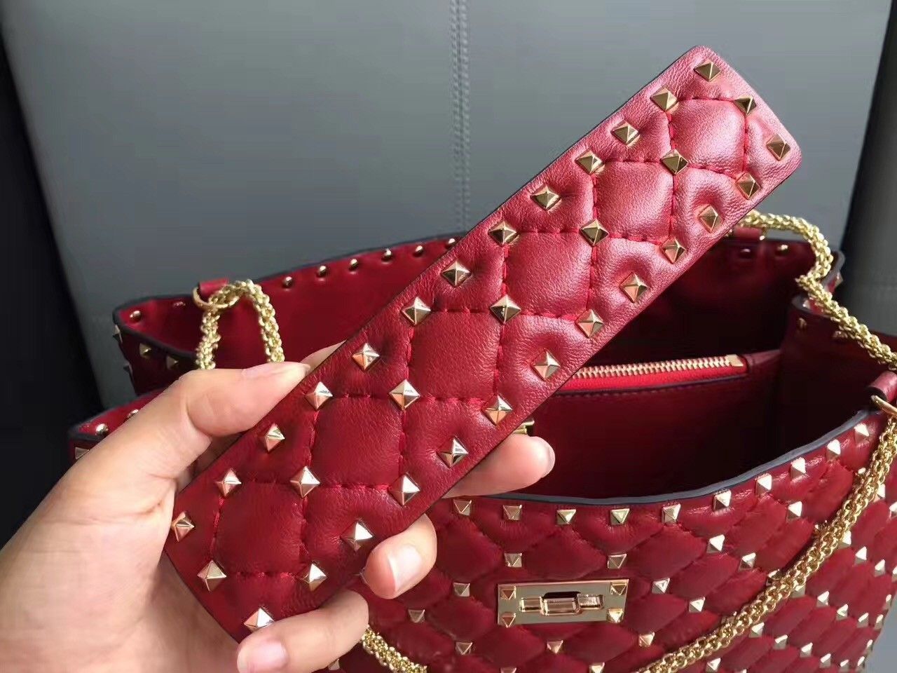 Valentino Red Rockstud Spike Tote Bag