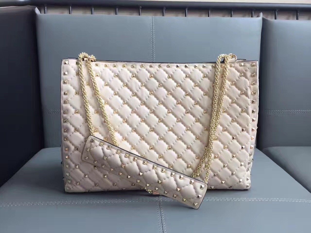 Valentino White Rockstud Spike Tote Bag