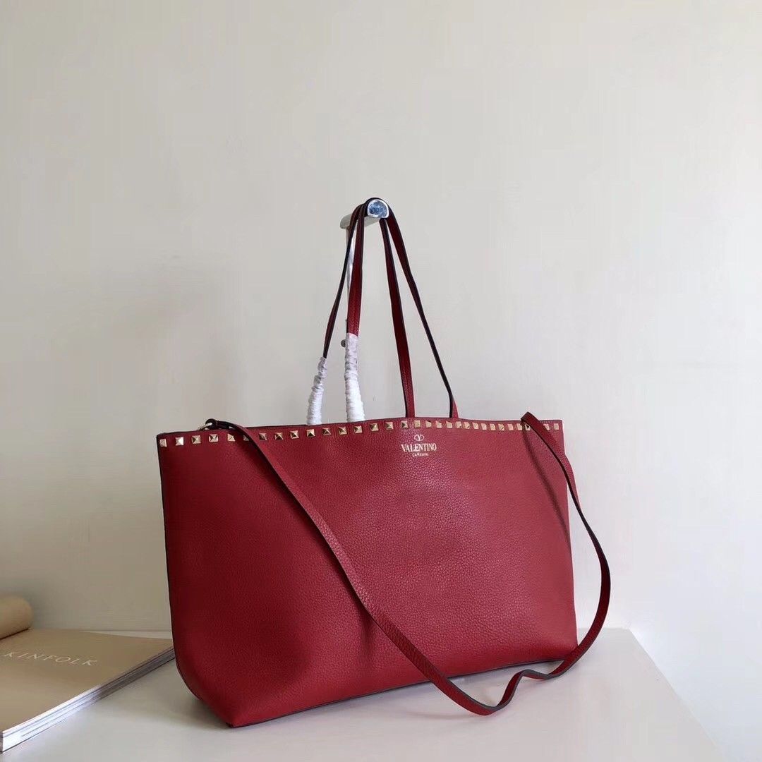 Valentino Rockstud Large Shopping Bag In Red Leather