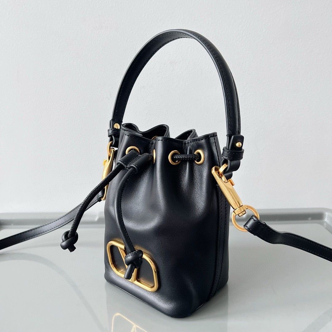 Valentino VLogo Signature Mini Bucket Bag in Black Calfskin