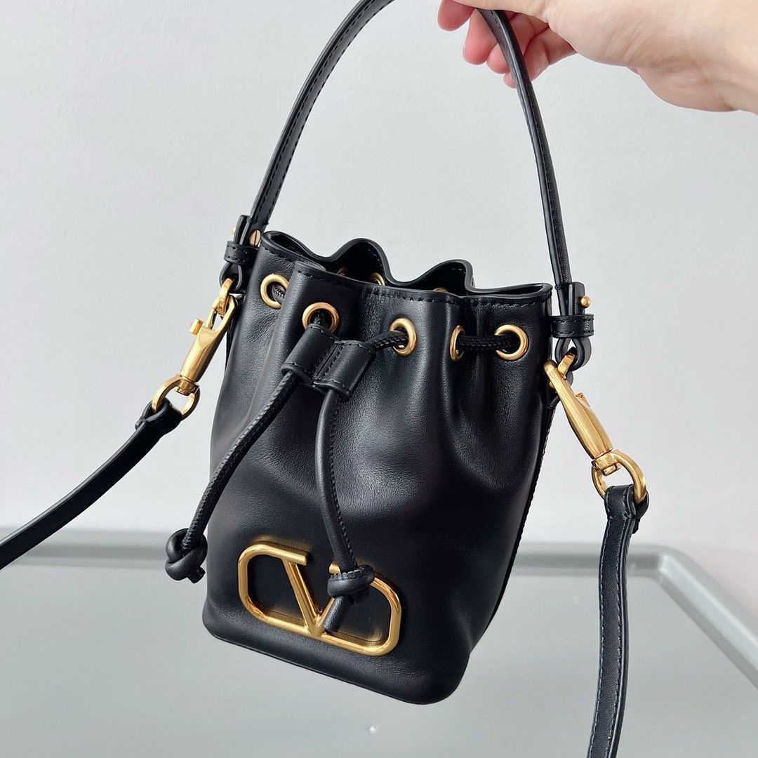 Valentino VLogo Signature Mini Bucket Bag in Black Calfskin