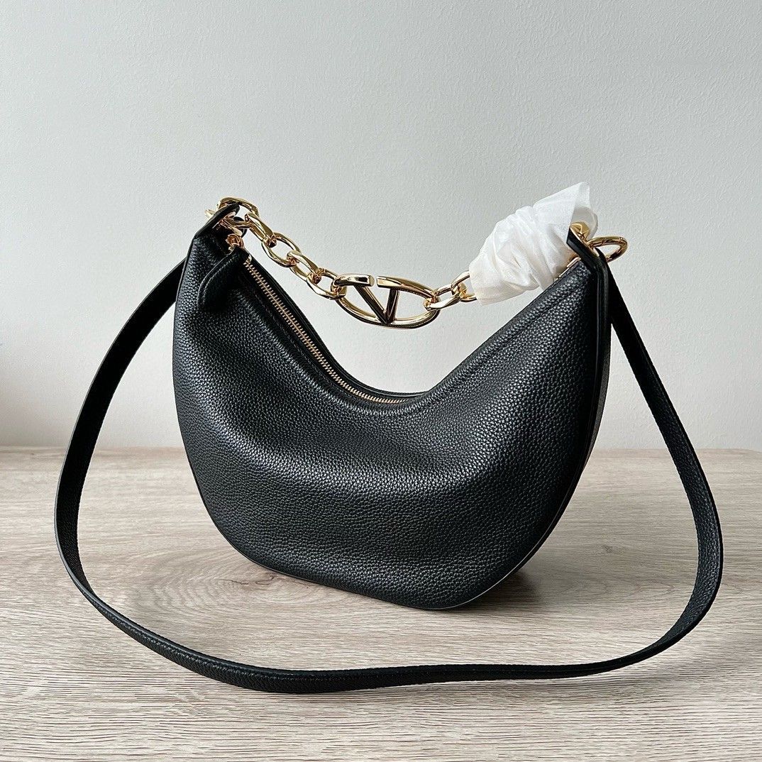 Valentino VLogo Moon Small Hobo Bag with Chain in Black Leather