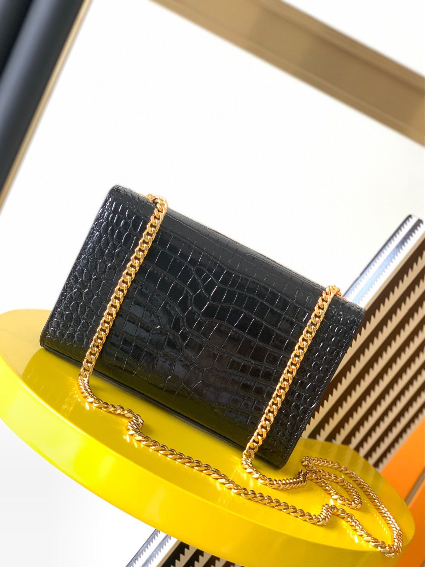 Saint Laurent Kate Small Tassel Bag In Black Crocodile-embossed Leather