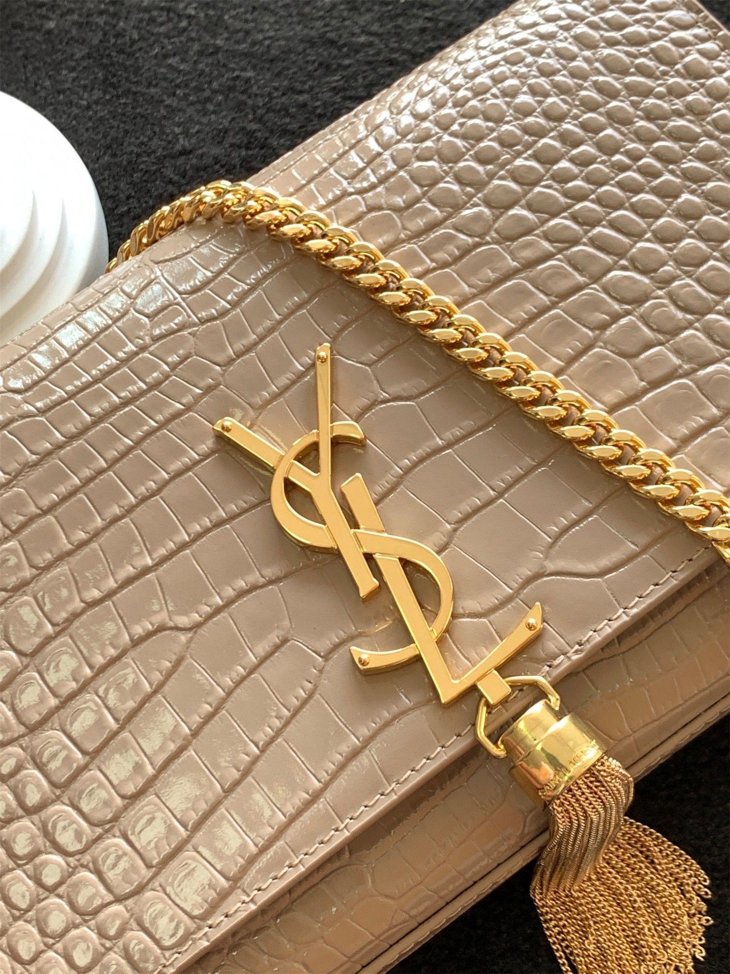 Saint Laurent Kate Medium Tassel Bag In Beige Crocodile-embossed Leather