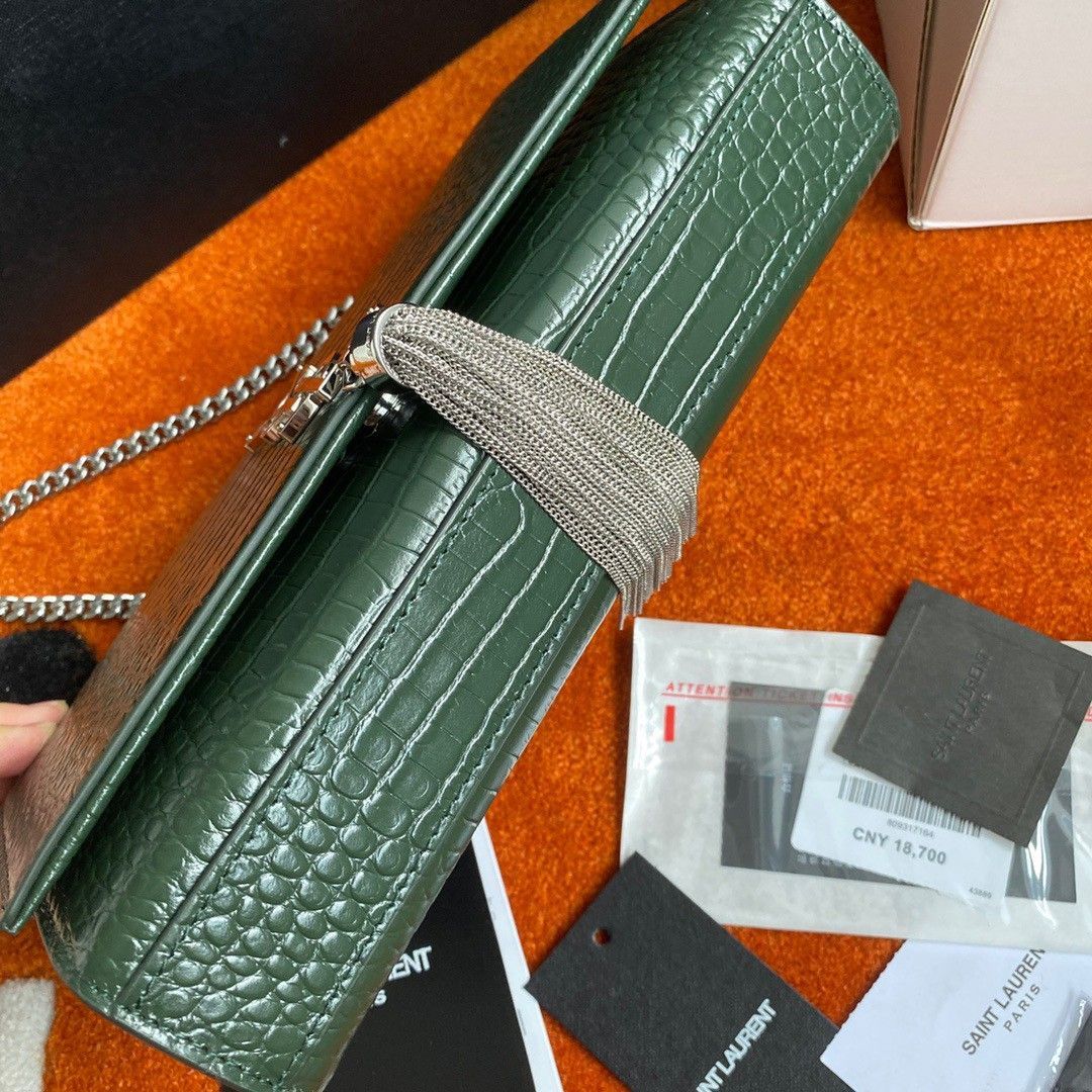 Saint Laurent Kate Medium Tassel Bag In Green Crocodile-embossed Leather