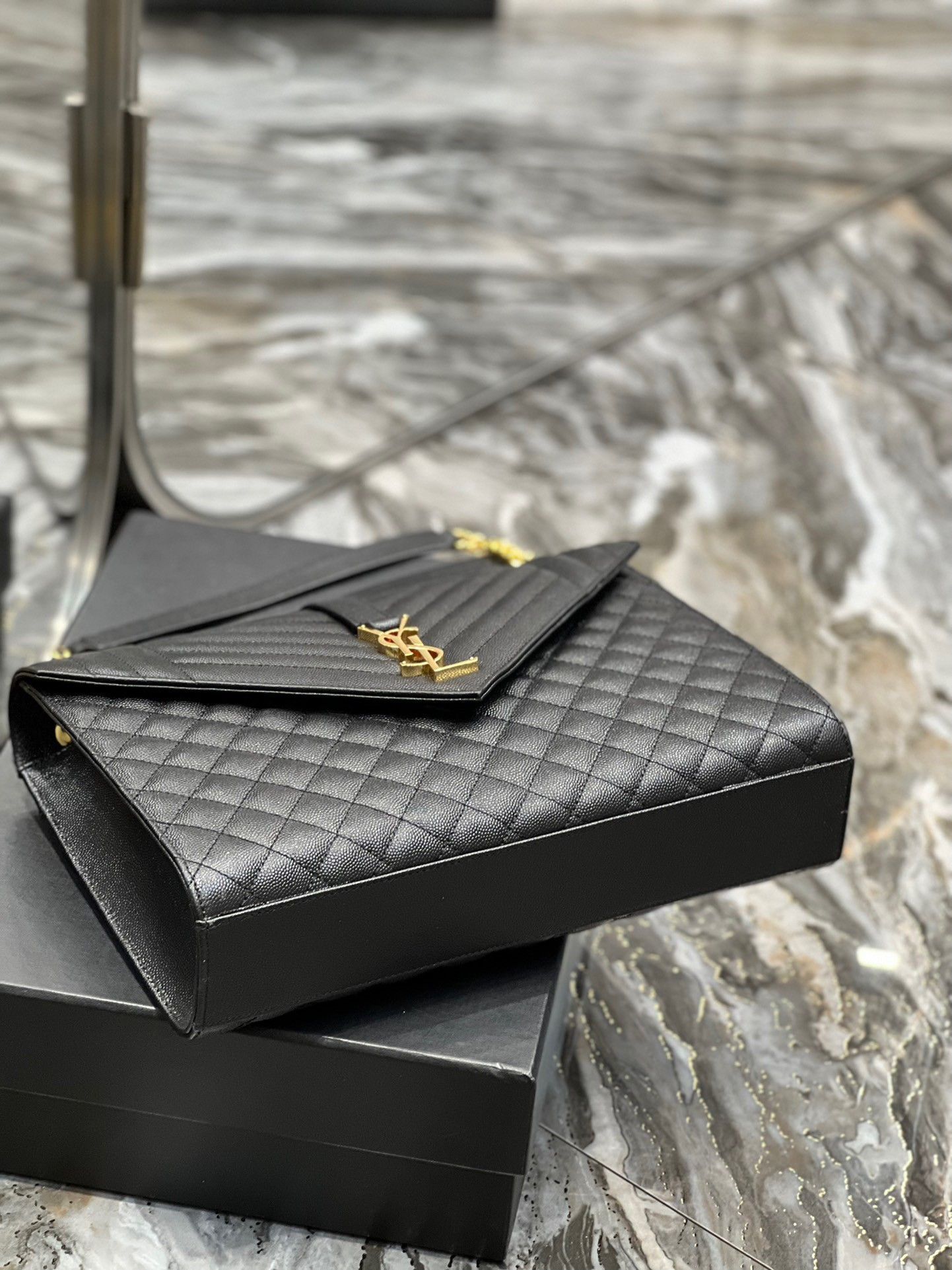 Saint Laurent Envelope Large Bag In Black Matelasse Grained Leather