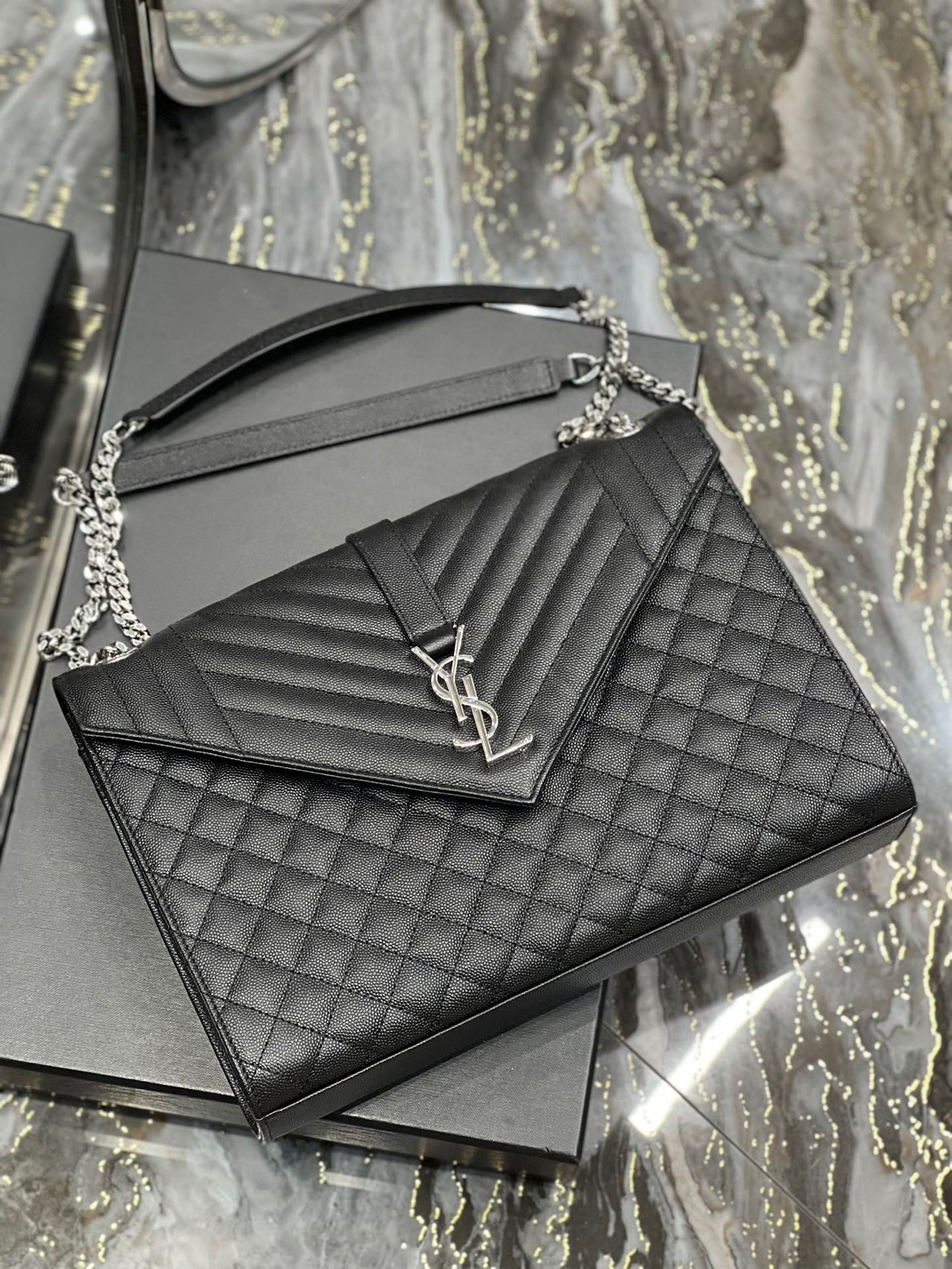 Saint Laurent Envelope Large Bag In Noir Matelasse Grained Leather