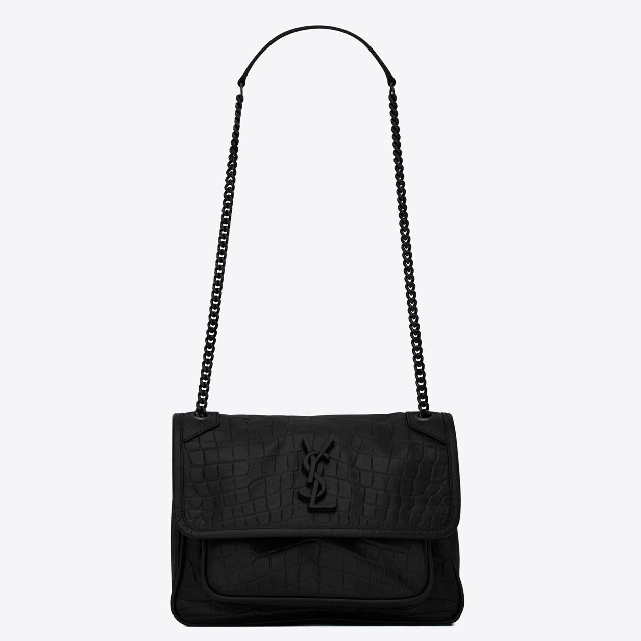 Saint Laurent Niki Baby Chain So Black Bag In Crocodile-embossed Leather