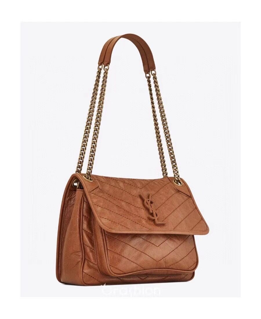 Saint Laurent Niki Medium Chain Bag In Brown Crinkled Leather