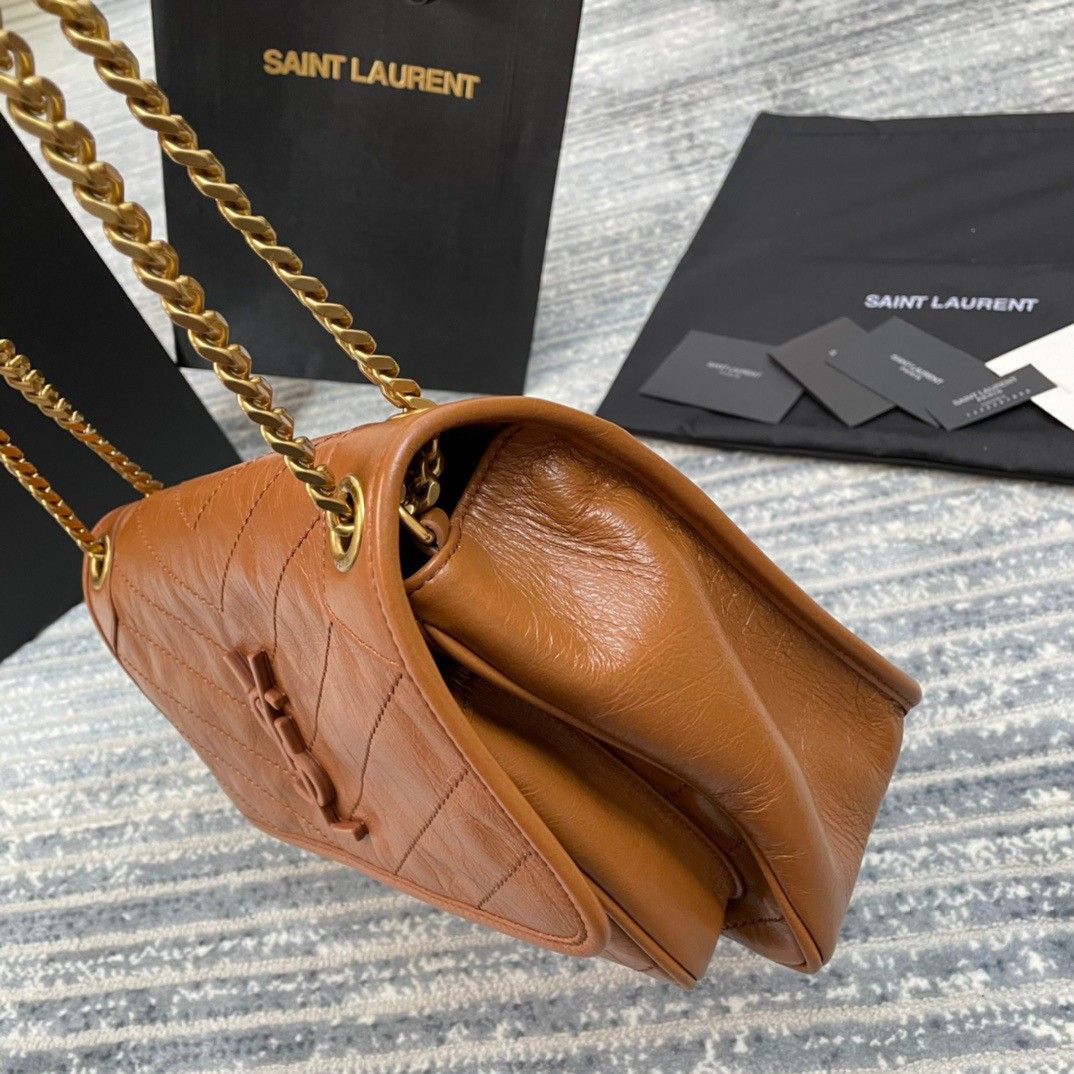 Saint Laurent Niki Medium Chain Bag In Brown Crinkled Leather