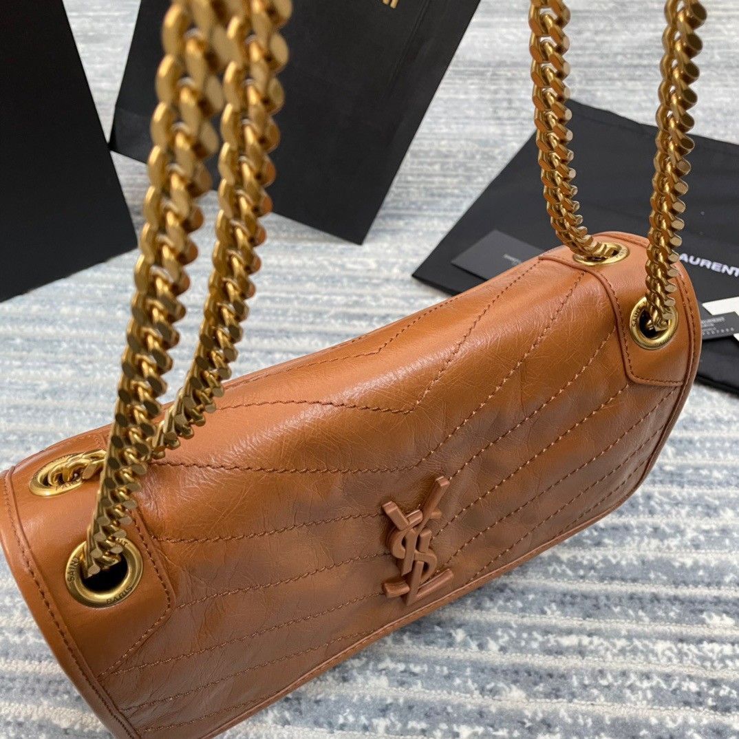 Saint Laurent Niki Medium Chain Bag In Brown Crinkled Leather