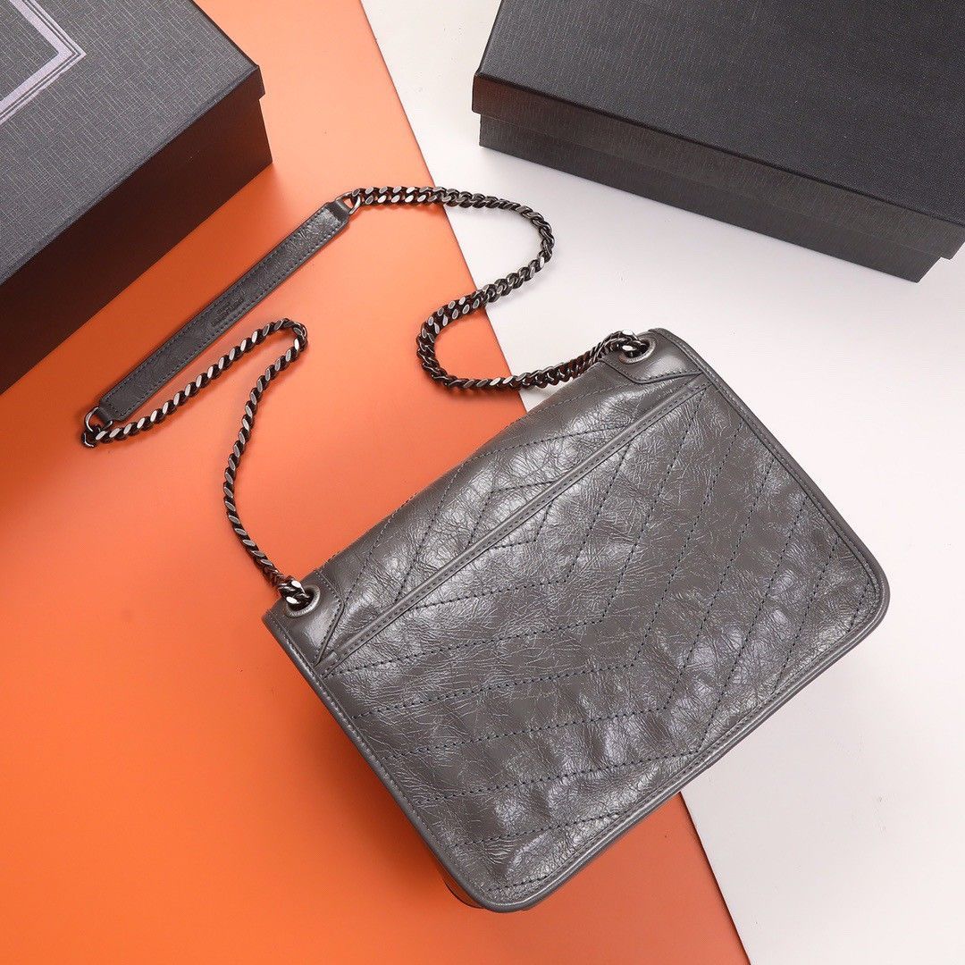 Saint Laurent Niki Medium Chain Bag In Dark Grey Crinkled Leather