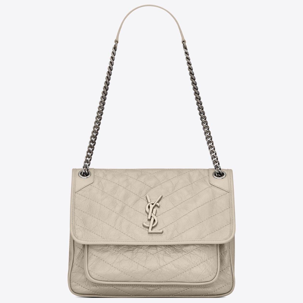 Saint Laurent Niki Medium Chain Bag In White Crinkled Leather