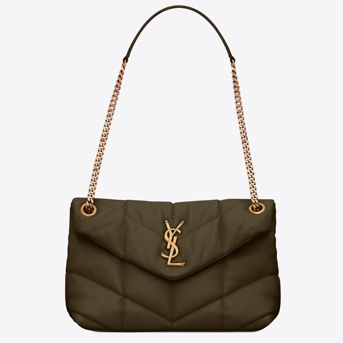 Saint Laurent Puffer Small Chain Bag In Army Green Lambskin