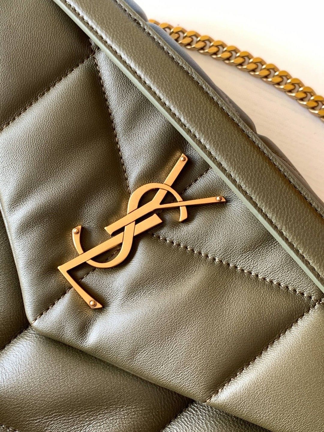 Saint Laurent Puffer Small Chain Bag In Army Green Lambskin