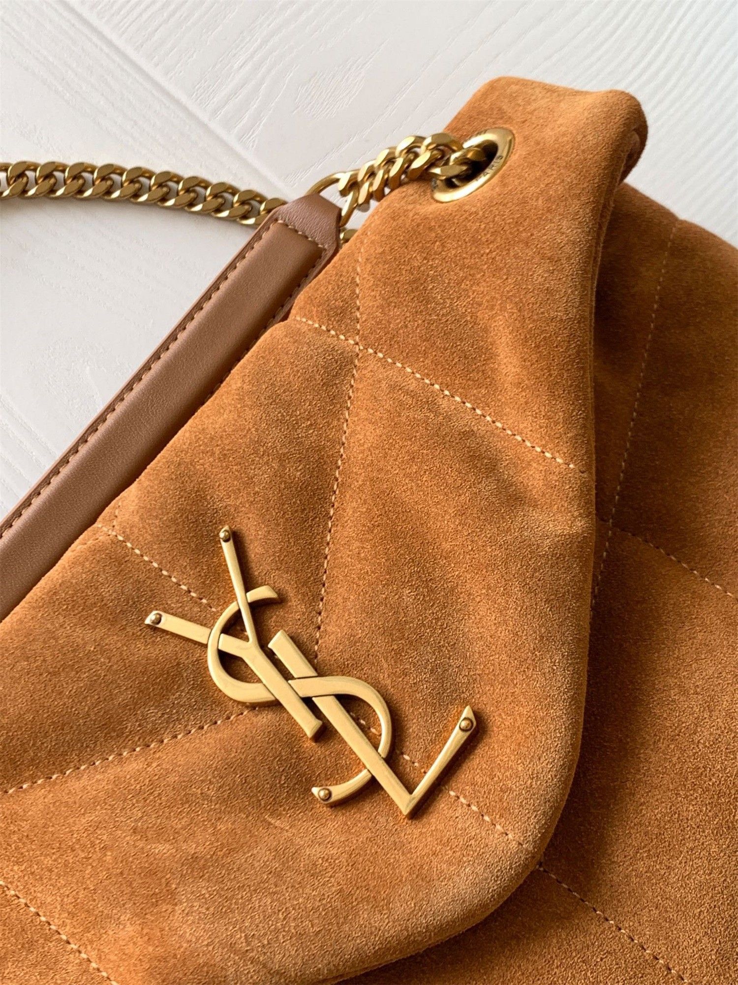 Saint Laurent Puffer Small Chain Bag In Brown Suede Calfskin