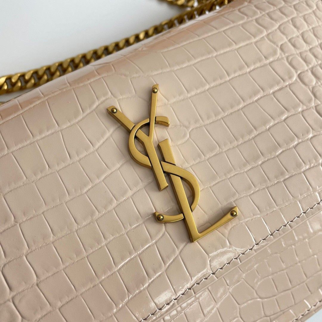 Saint Laurent Sunset Medium Chain Bag In Beige Crocodile-embossed Leather