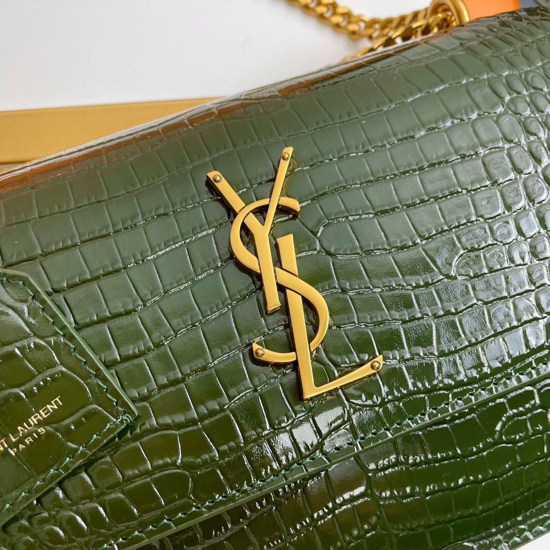 Saint Laurent Sunset Medium Chain Bag In Green Crocodile-embossed Leather