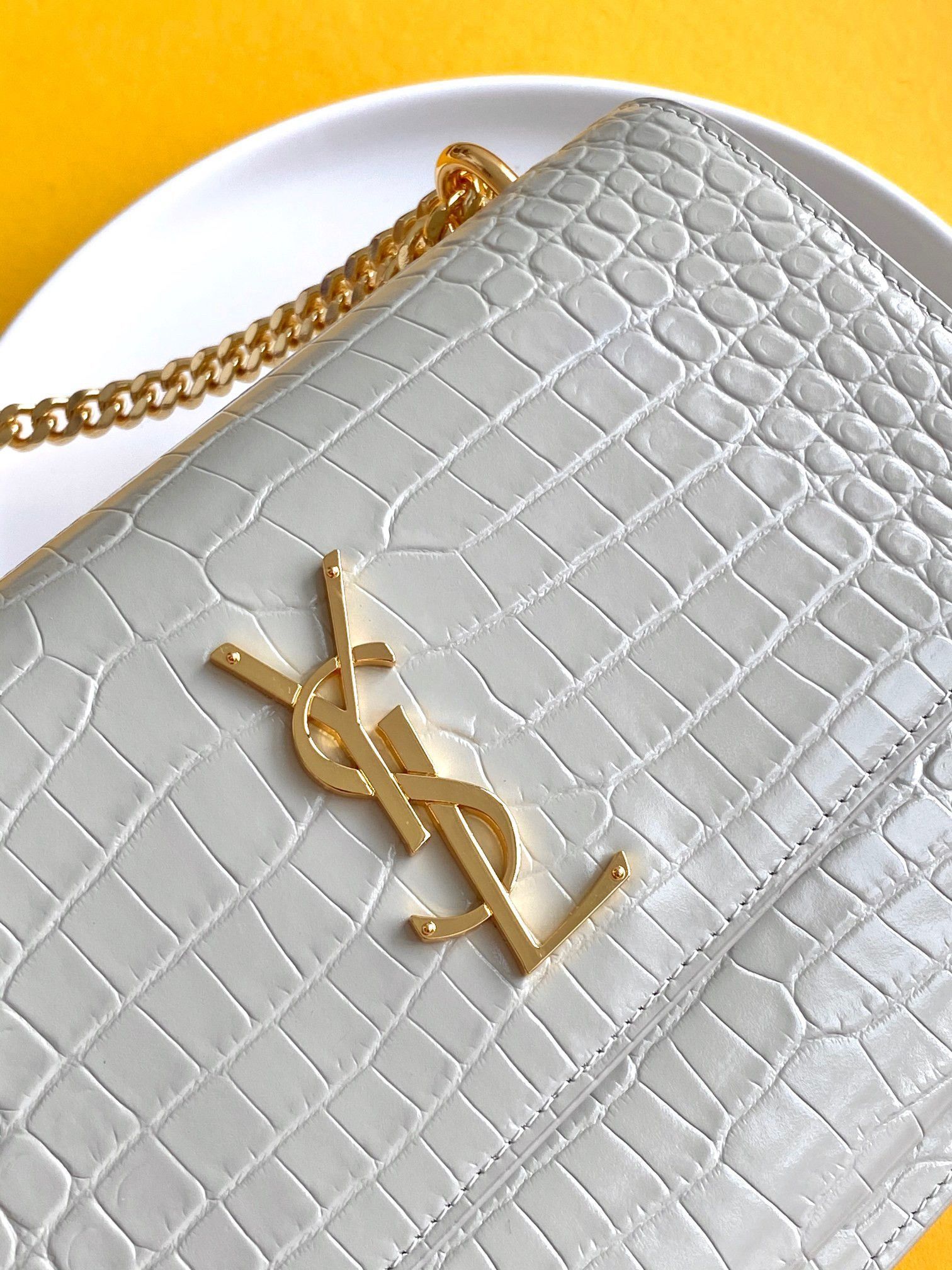 Saint Laurent Sunset Medium Chain Bag In Ivory Crocodile-embossed Leather