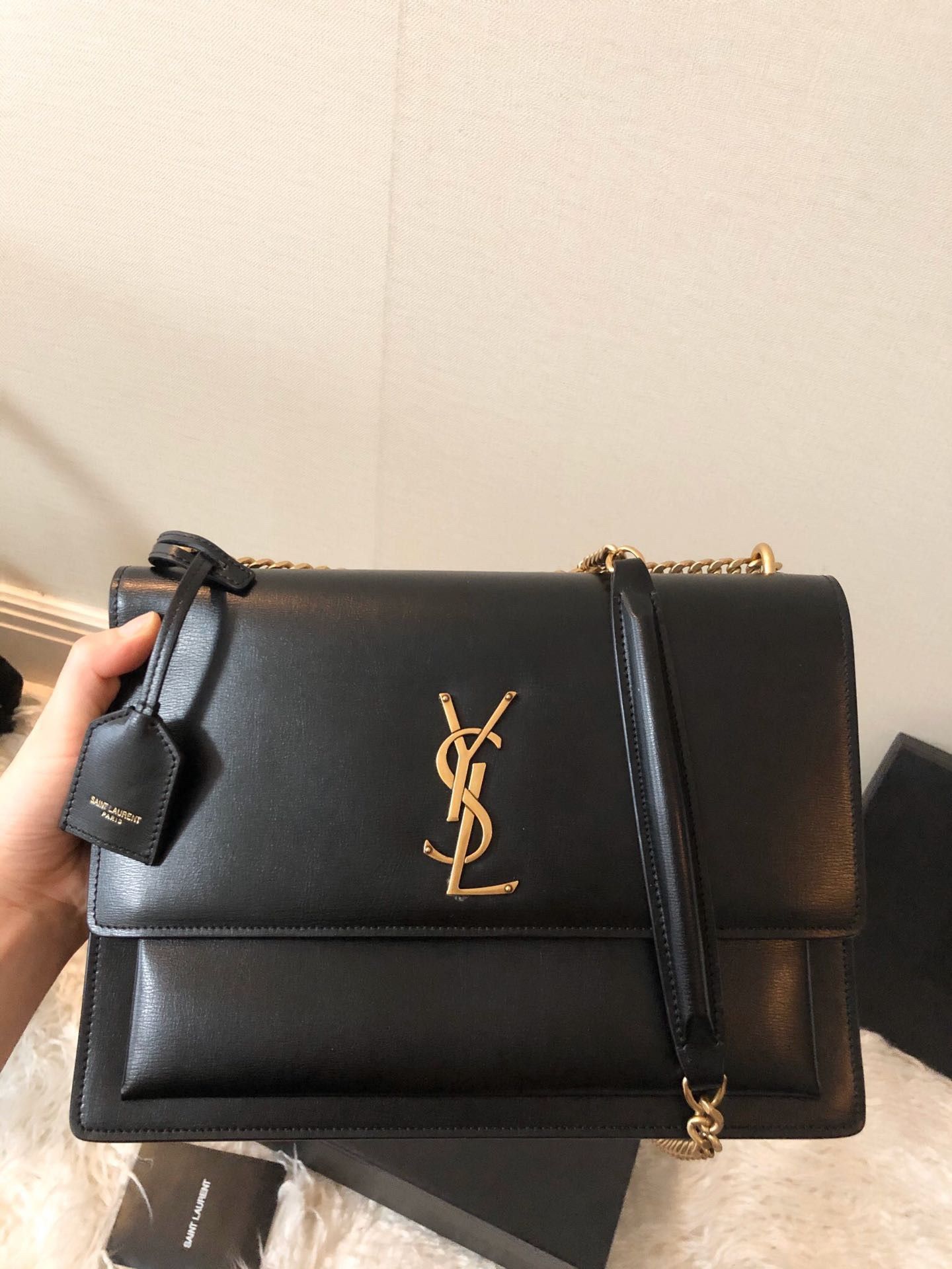 Saint Laurent Sunset Large Chain Bag In Black Calfskin