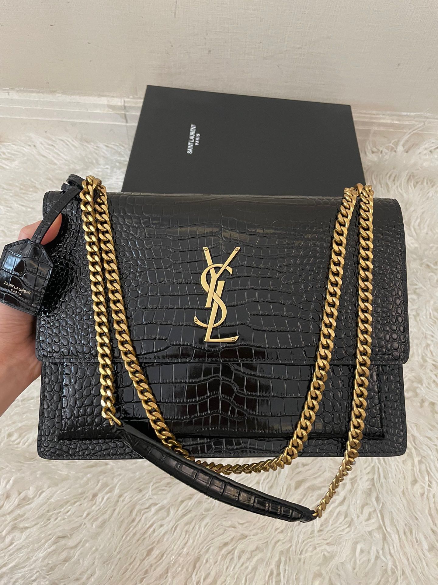 Saint Laurent Sunset Large Chain Bag In Black Crocodile-embossed Leather