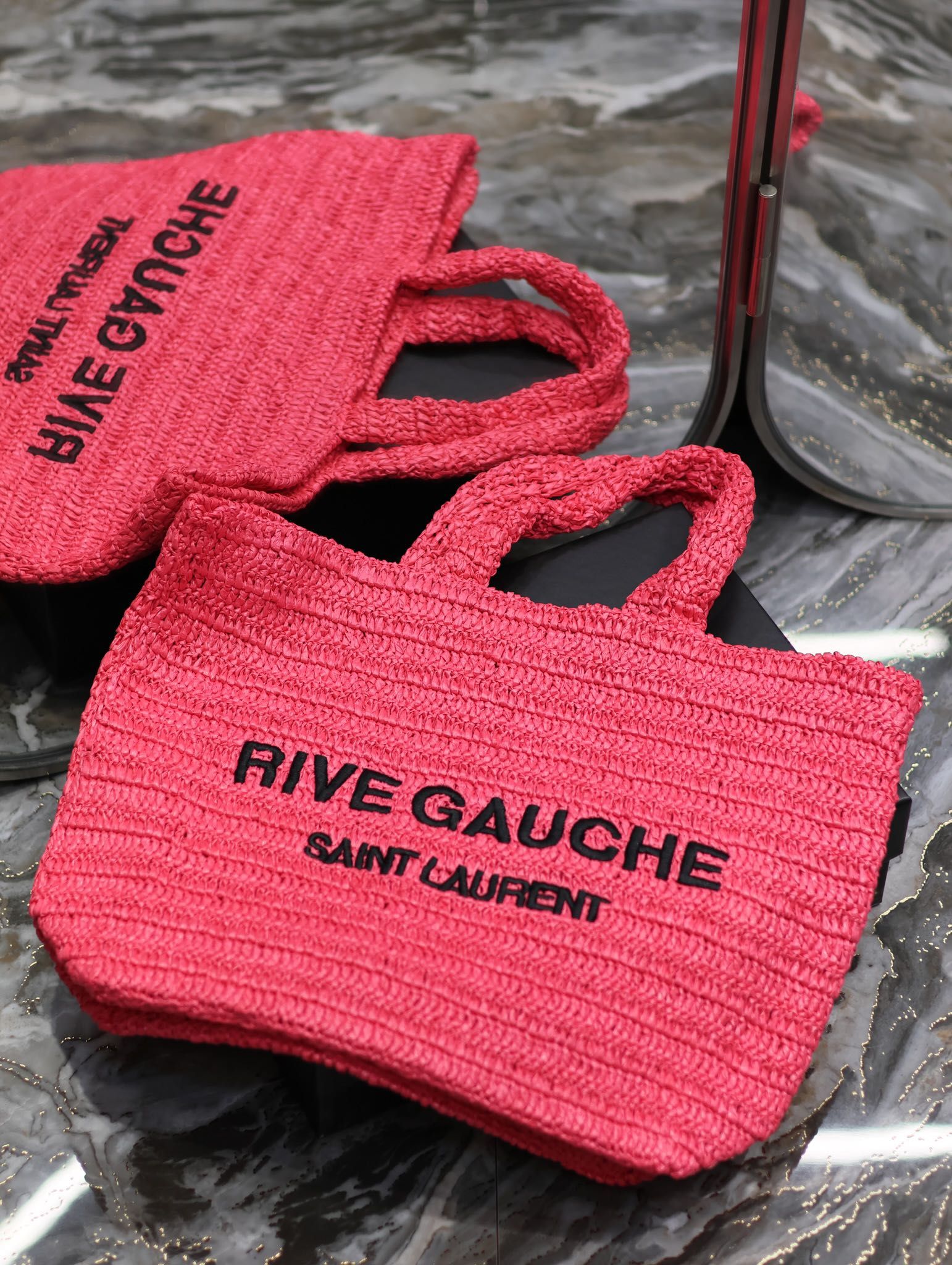 Saint Laurent Rive Gauche Tote Bag in Neon Pink Raffia Crochet