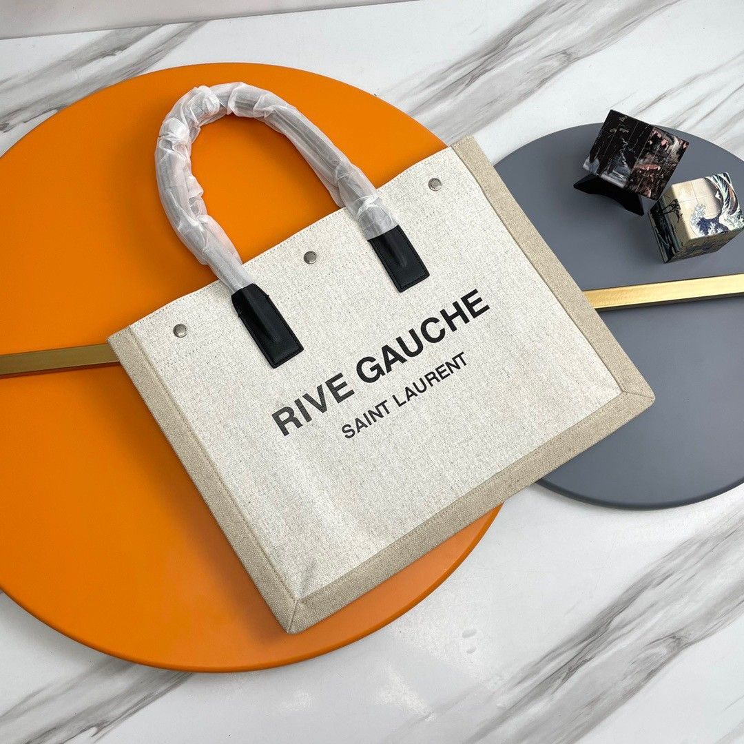 Saint Laurent Rive Gauche Small Tote Bag in White Linen and Leather