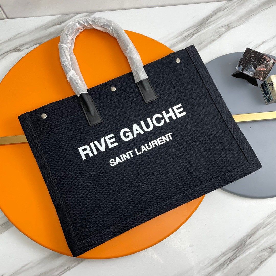 Saint Laurent Rive Gauche Tote Bag in Black Linen and Leather