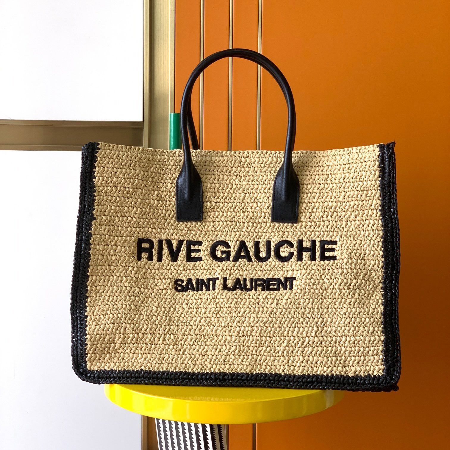 Saint Laurent Rive Gauche Tote Bag in Beige Raffia and Leather